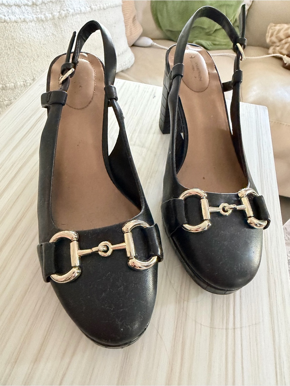 Gianni Bini Black Slingback Heels with Gold Horsebit Detail